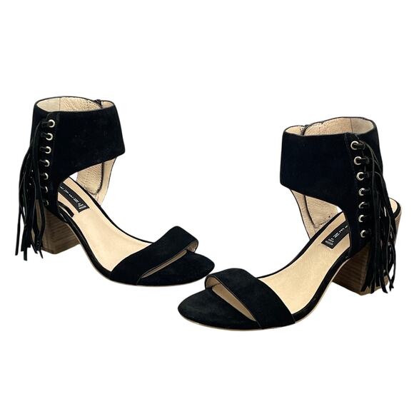 Steve Madden Luisa Black Suede Fringe Block Heel Dressy Sandal Women 9B - Picture 4 of 12